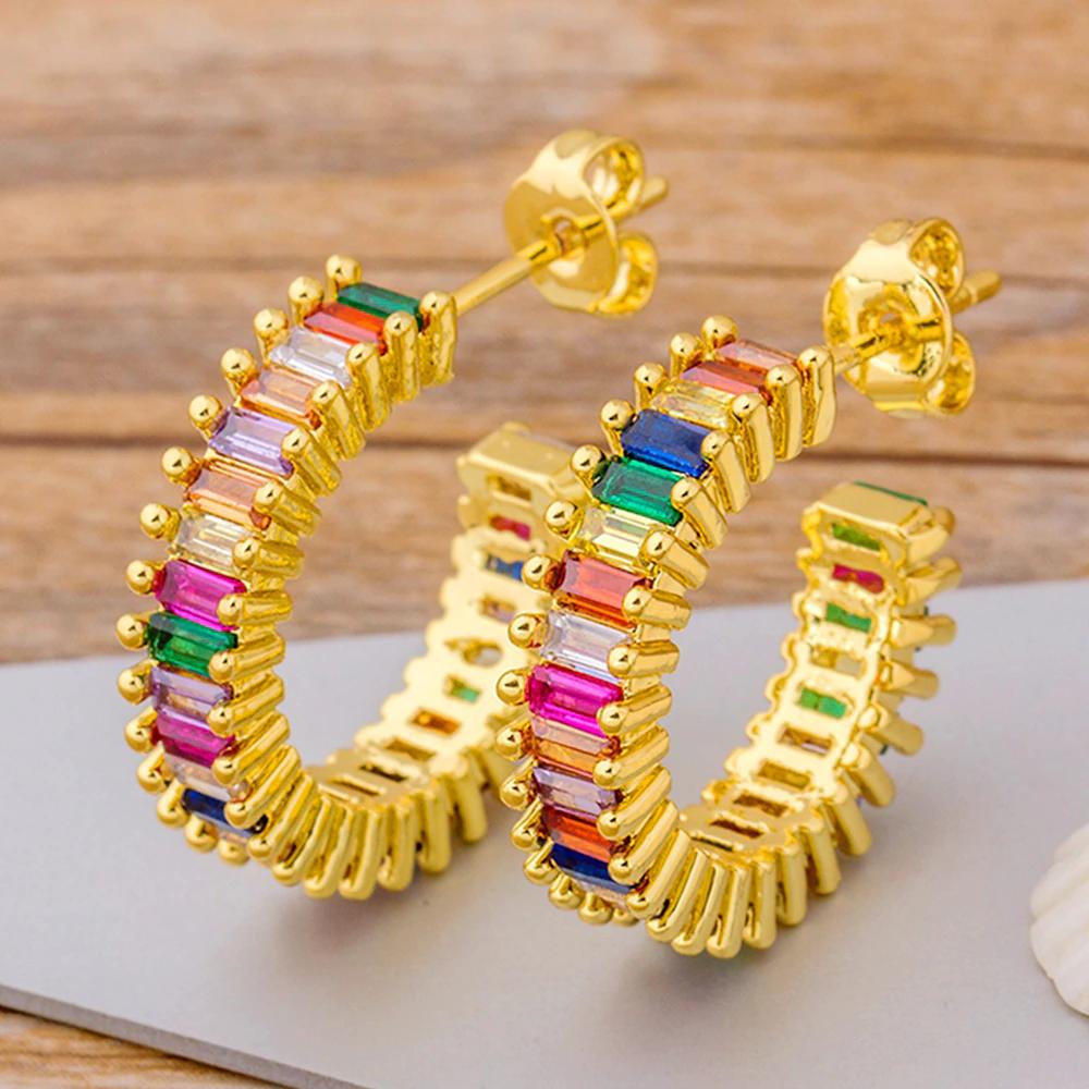 QIKU Hot Sale Colorful Micro Pave Copper Zircon Charm Women Bohemian Rainbow Crystal Stud Earrings Female Fashion Jewelry Gift