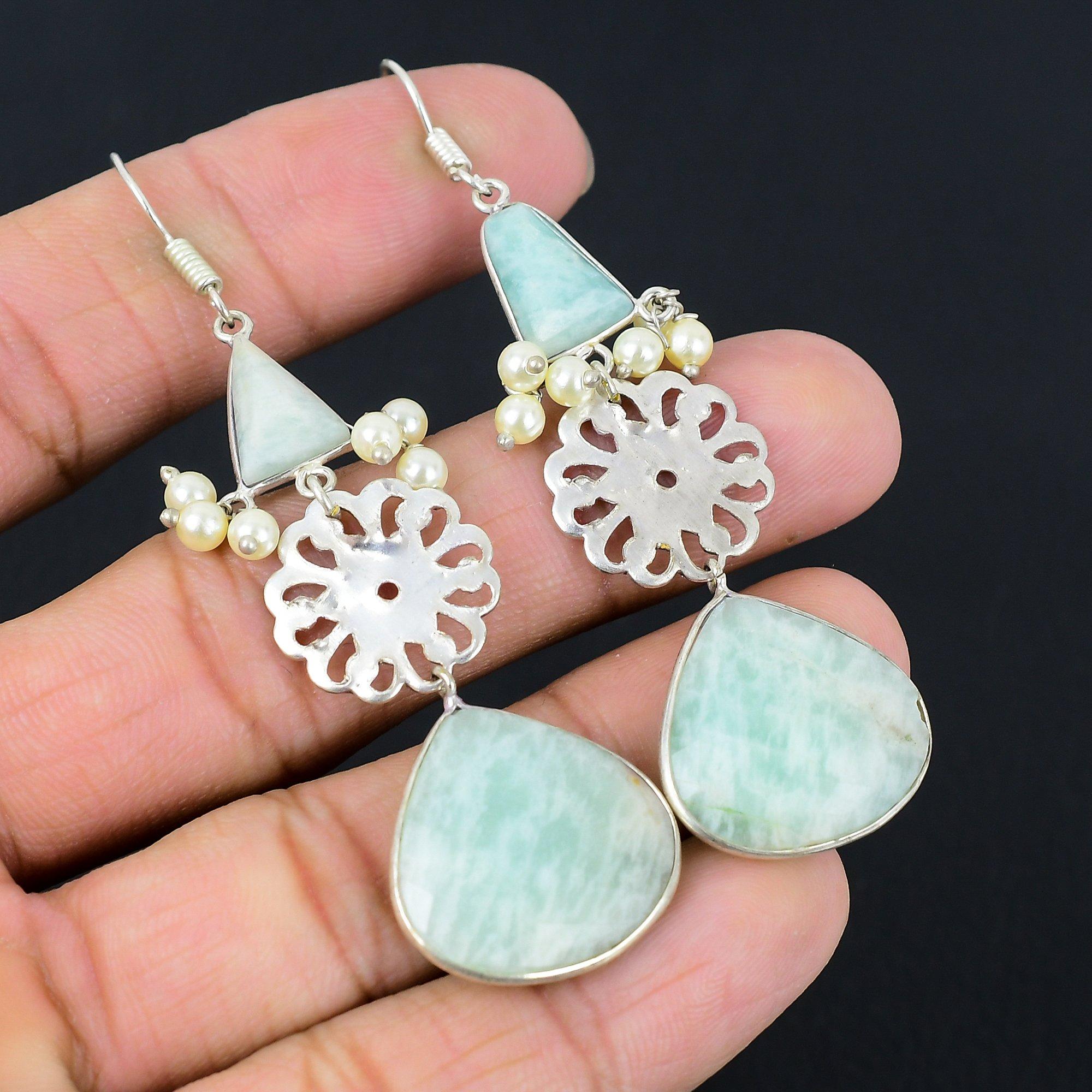 

Daughters Day Sale Natural Amazonite 925 Sterling Silver Dangle Earrings Jewelry