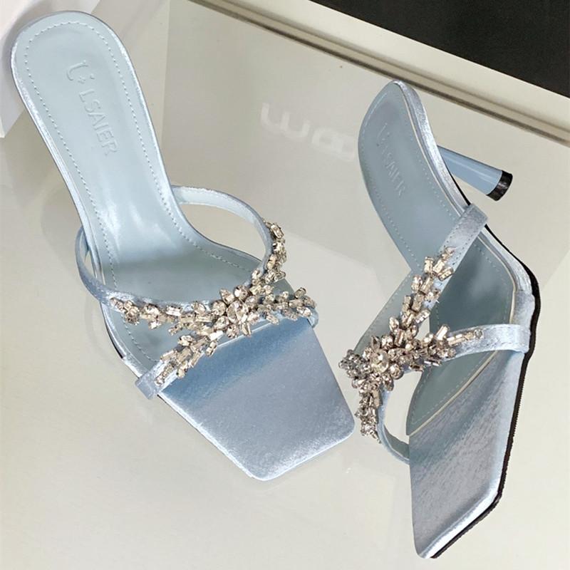 Fashion Luxury Rhinestone Open Toe Heeled Shoes Woman Satin Square Toe Designer Women Sandals Fashion Elegant Thin Heeled Slide Sandals