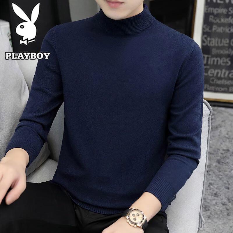 PLAYBOY Men's Pure Color Semi-High Collar Long Sleeve T-Shirt