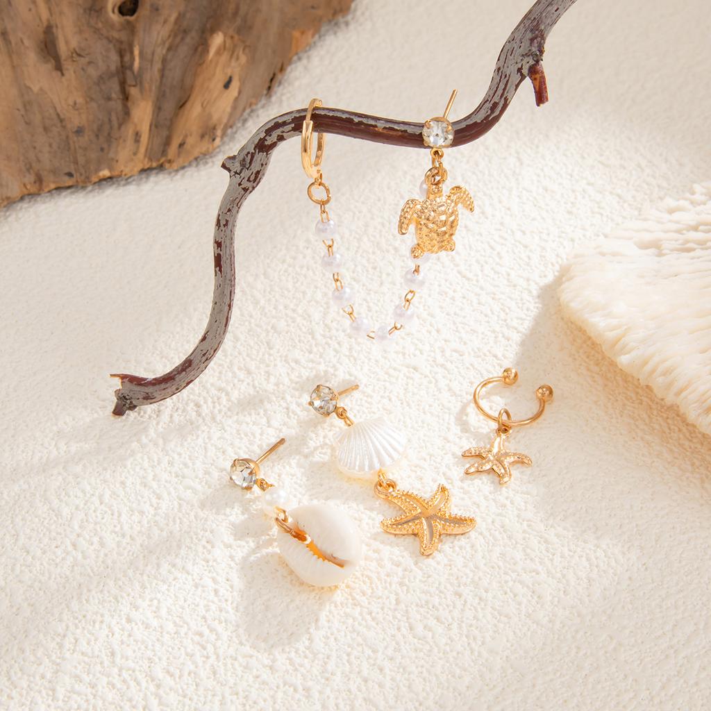 Creative Ocean Style Starfish Scallop Tassel Ear Clips Set Imitation Pearl Vintage Turquoise Pendant Stud Earrings for Women