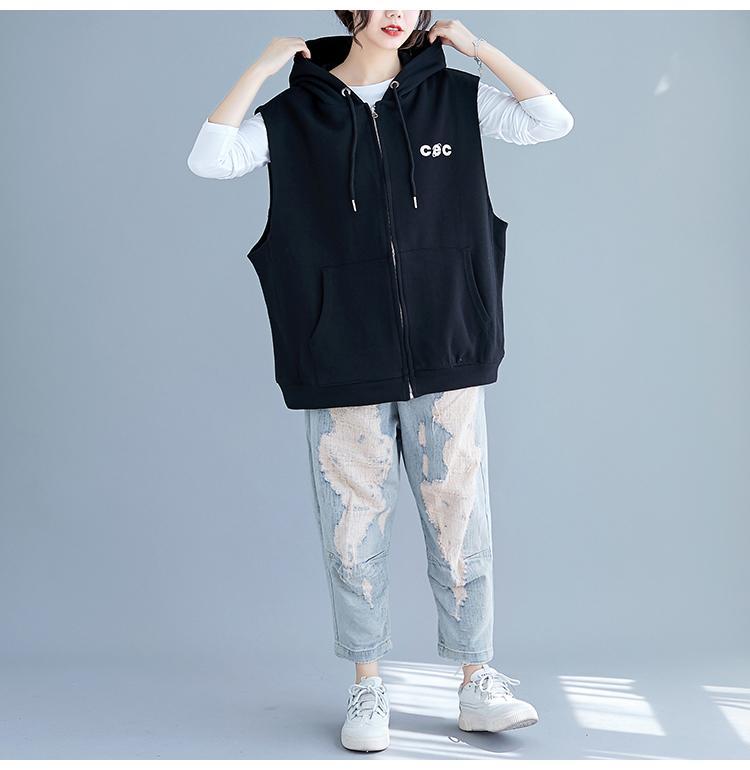 Spring and Autumn Women's Plus-Size Vest Casual Loose Hooded Vest Cardigan Sweatshirt Vest Outerwear