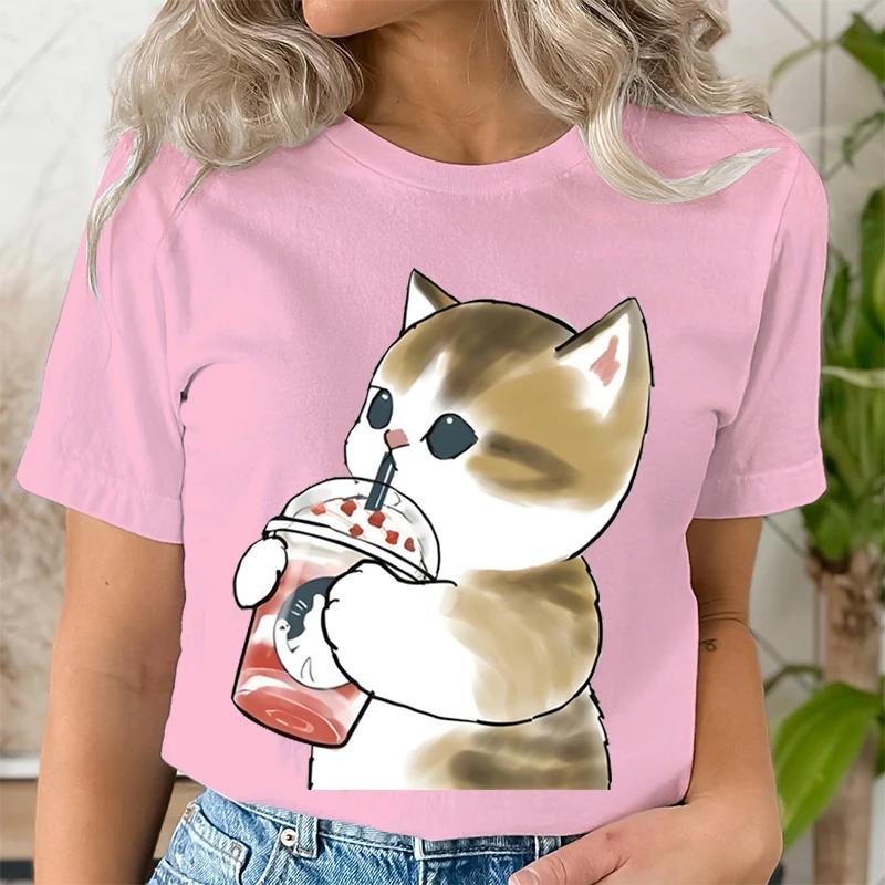 Women Boba Tea Cat Print Casual Clothes Tee Tshirt Fashion Female Tops Mujer Camisetas Ladies Anime Cartoon Graphic TShirt Tops