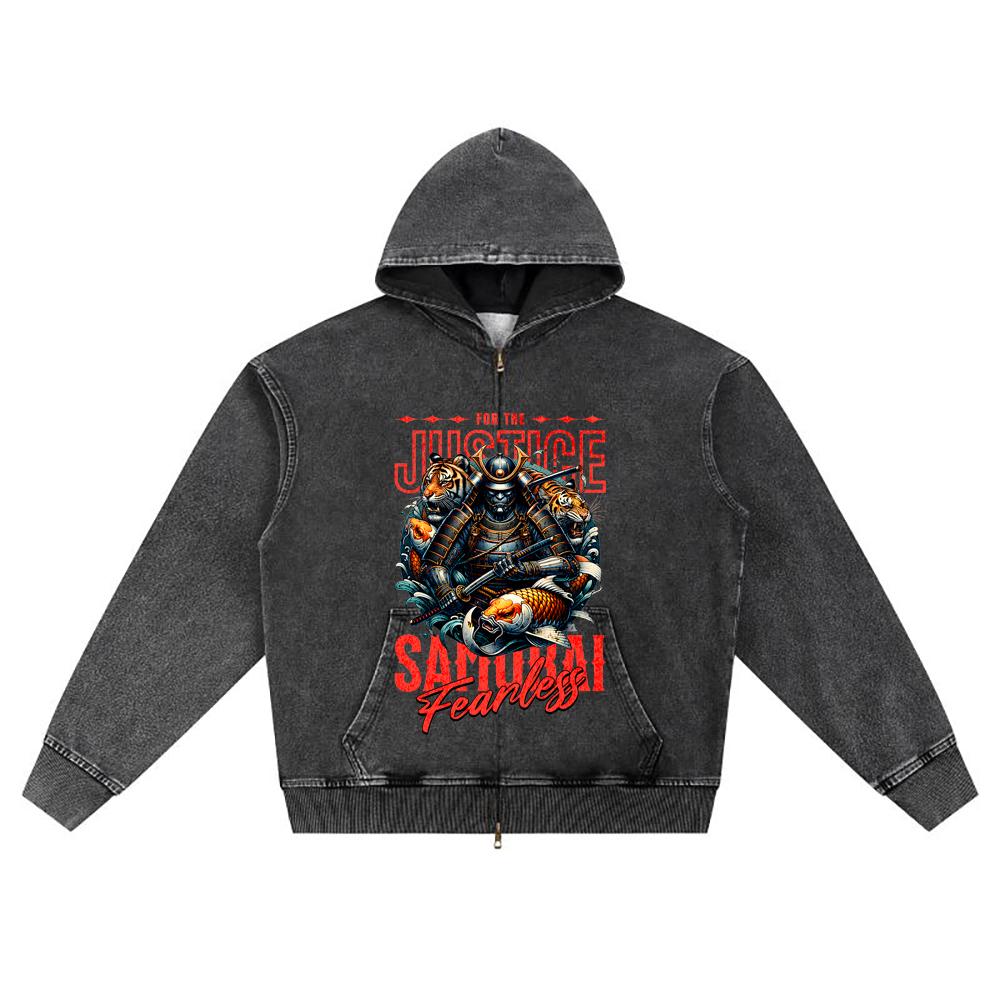DTG Print Knitted Denim Zip-Up Hoodie Japan Samurai Brother Print Zipper Hoodies