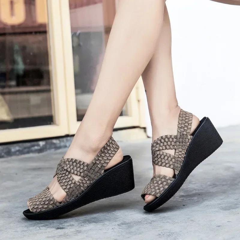 Keilabsatz-Plateau-Websandalen Mode Peep Toe Bequem Atmungsaktiv Mama-Schuhe Damen Casual Dicke Sohle Sandalias Mujer 2024