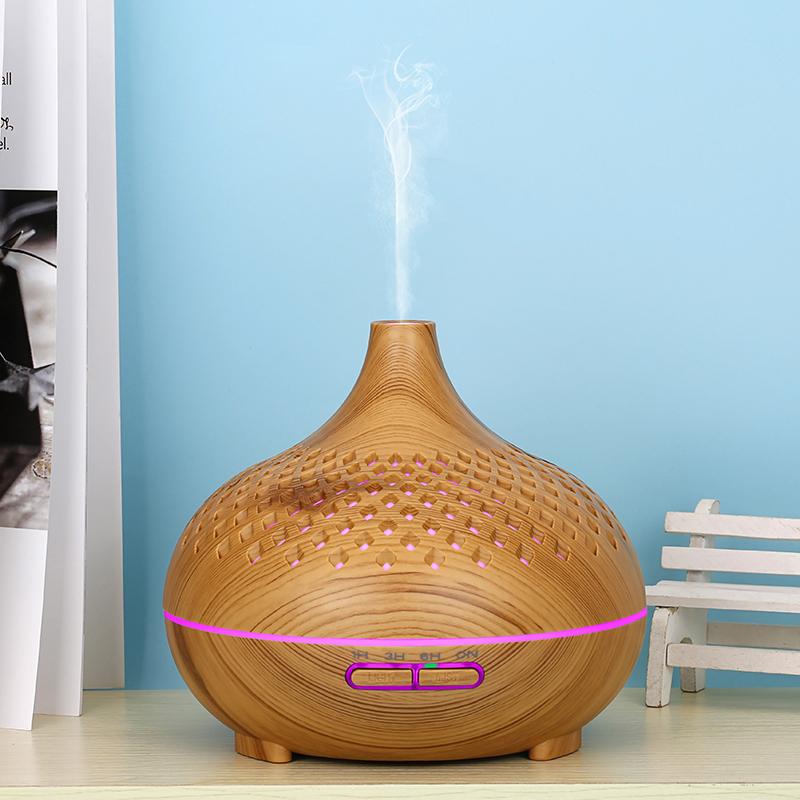 

500ml Hollow Humidifier Wood Grain Colorful Light Essential Oil Diffuser with Remote Control (No CE Certificate) Brown/US Plug