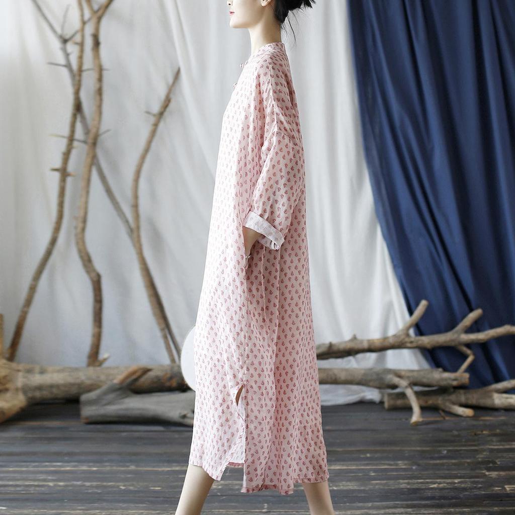 Johnature Women Chinese Style Pink Print Floral Dress Stand Long Sleeve Button Robes Autumn Ramie A-Line Loose Dress