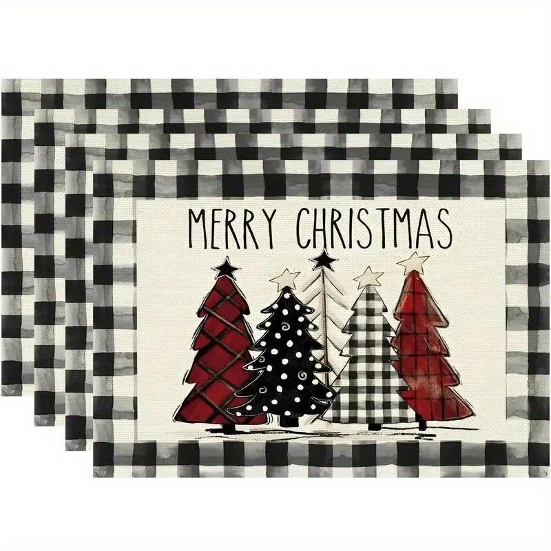 Christmas Cotton Linen Table Mats Kitchen Decor Plaid Printing Heat Resistant Waterproof Dining Utensils Mats