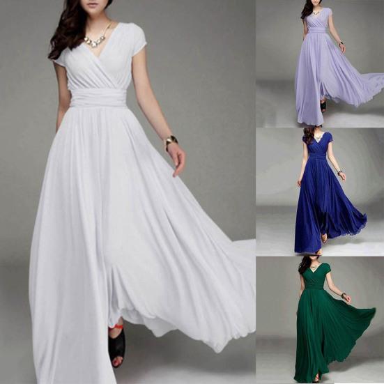 Plus Size Solid Color Women Party Suknia V Neck Krótki rękaw Slim Fit Maxi Dress