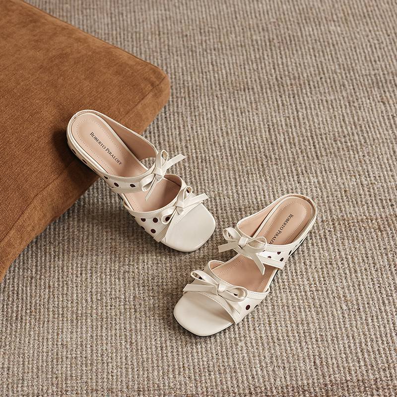 

Krazing Pot Microfiber Mules Women Low Heels Polka Dot Decoration Butterfly-knot European Design Summer Size 43 Size 42 Women Sandals 34 слоновая кость