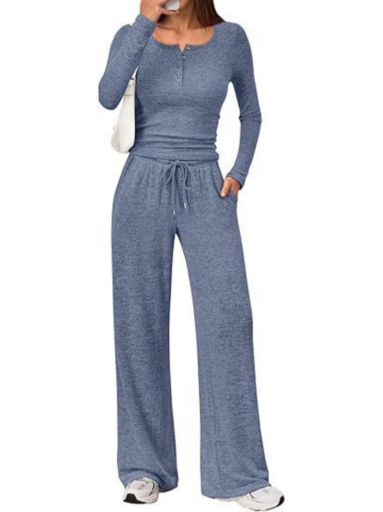 New Fall Sports Set Solid-Color Top and Wide-Leg Pants Two-Piece Set for Women