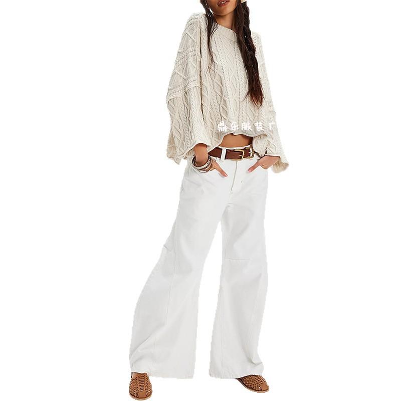 Women s Knit Sweater Round Neck Bell Sleeve Cable Knit Casual Top in Coral Pink Black Beige White S