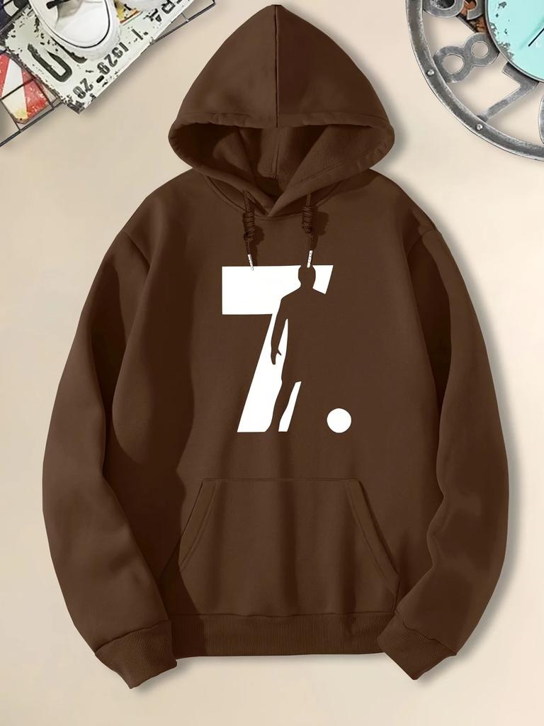 Autumn and Winter Men's Hoodie with Number 7 and Football Player Silhouette Print Men's Street Casual Sweatshirt Hooded Pullover