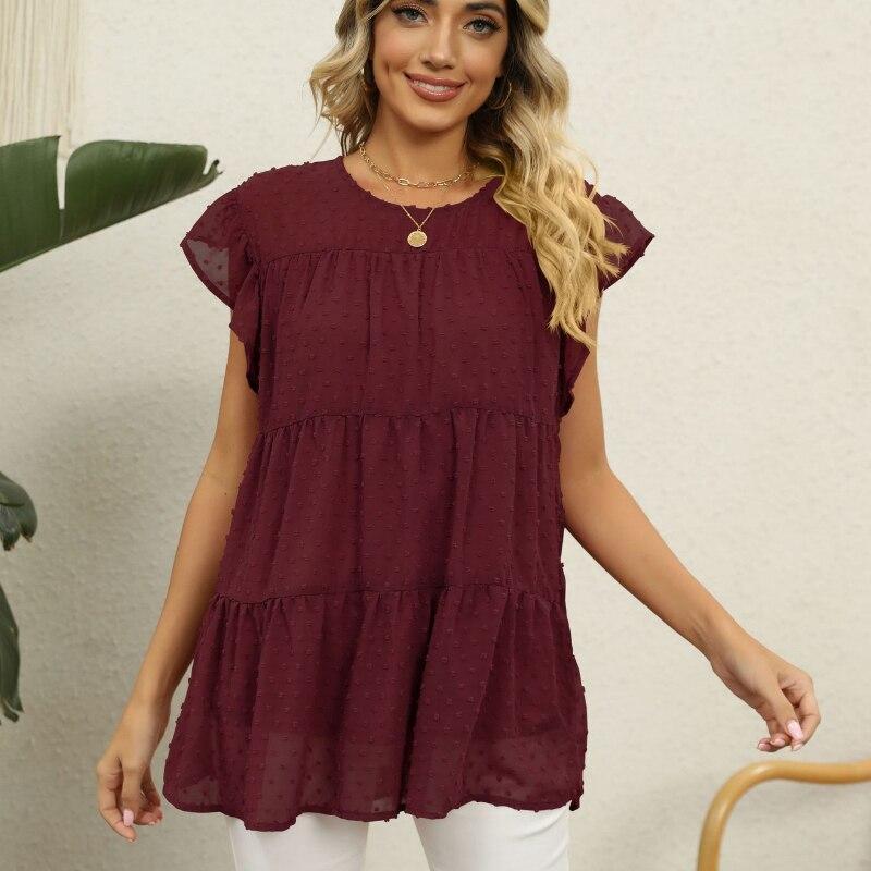 

2023 модная жаккардовая блузка, повседневная свободная летняя рубашка с коротким рукавом, женские топы с круглым воротником, сращенная одежда Blusas 25107 XXL бордовый