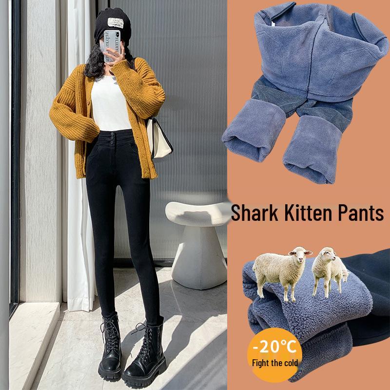 Hohe Taille Schwarze Fleece-gefütterte Koreanische Katzen-Leggings für Damen - Dehnbar, Skinny Fit Bleistifthosen