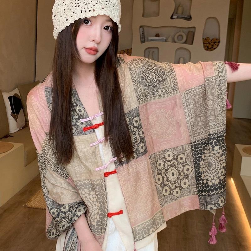 Small fresh green floral silk scarf women's summer travel buckle sunscreen large shawl beach towel thin yarn scarf scarf