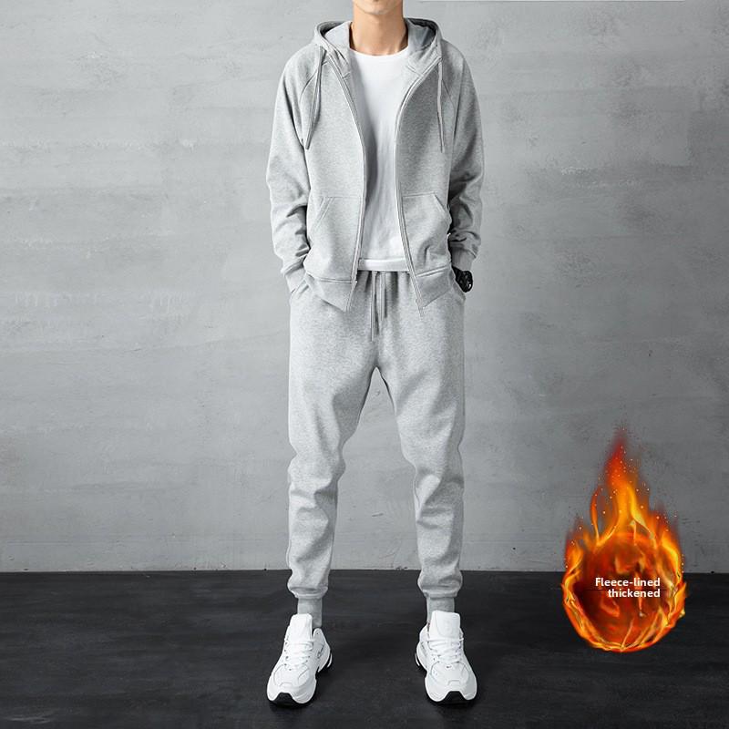 Costum Pulover cu Glugă Coreean pentru Bărbați Toamnă/Iarnă: Set 3 piese Cardigan gros de catifea plus de mărime mare