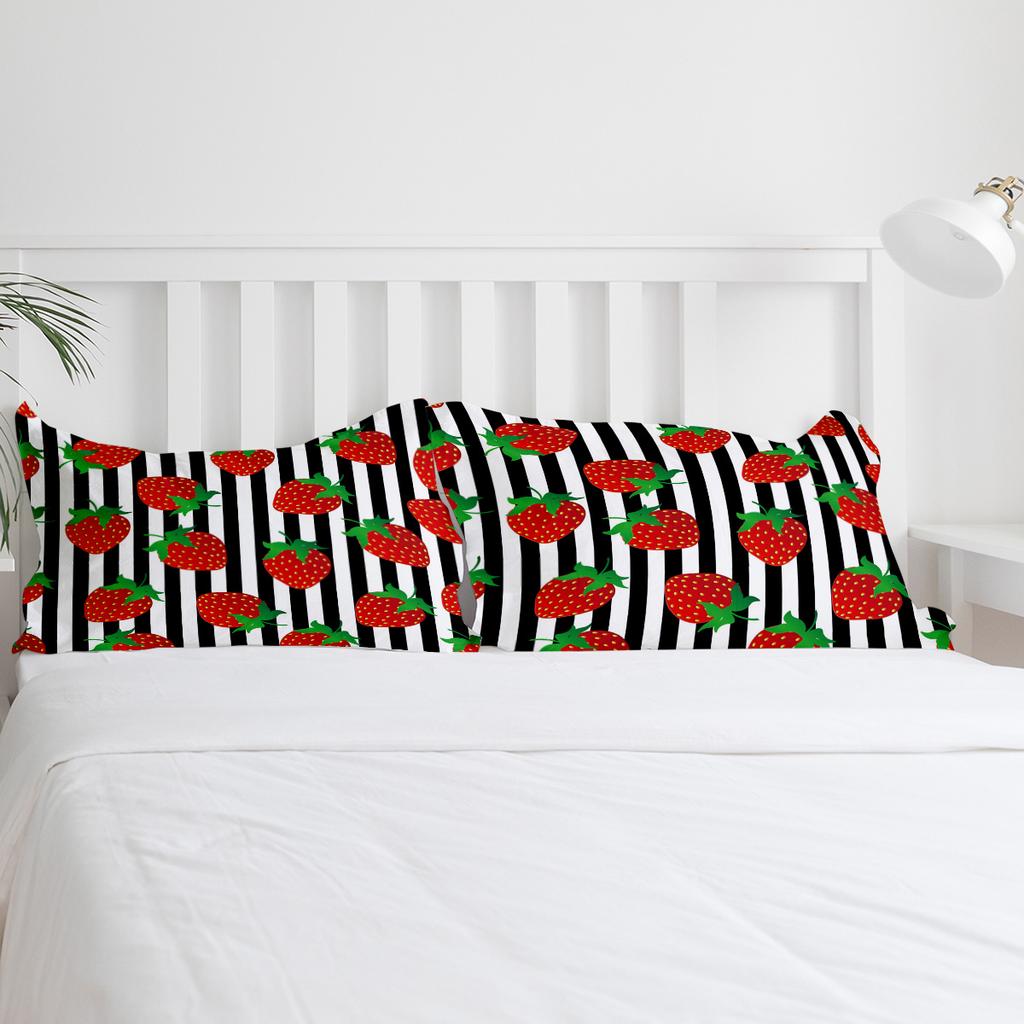 Red Strawberry Black And White Stripes Fit Bedding Set 3pcs Duvet Cover Pillowcase Quilt Cover Double Bed Set Home Textile