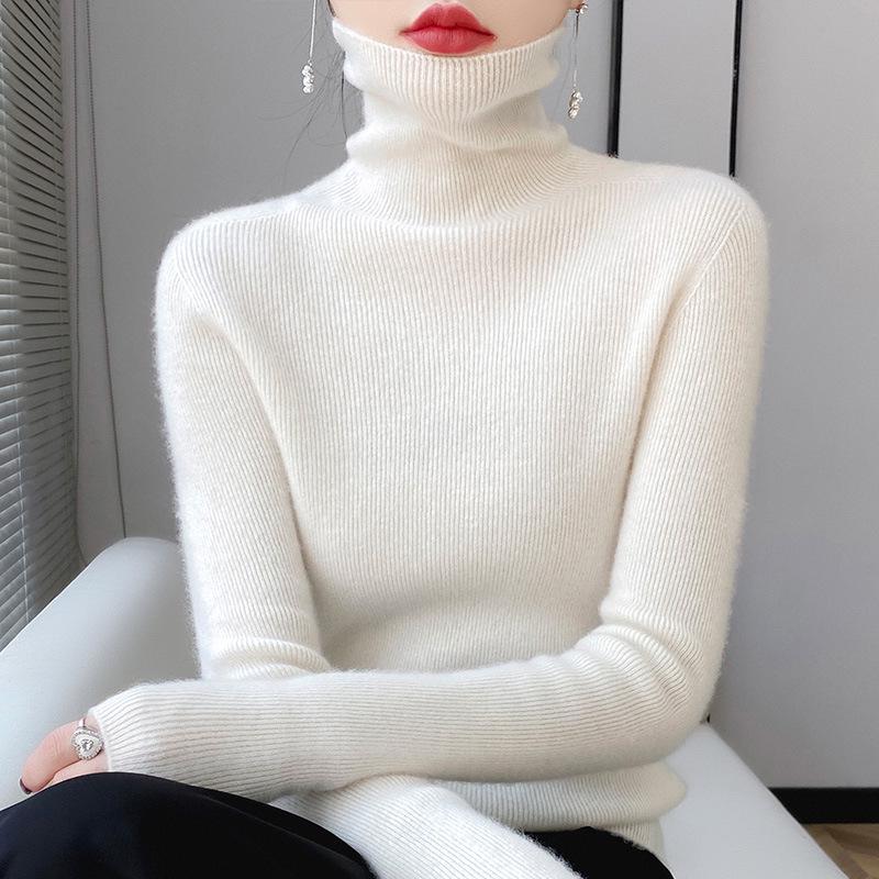 Damski sweter ze 100% wełny z wysokim dekoltem, dopasowany krój - Rozciągliwy kaszmirowy pulower na jesień/zimę