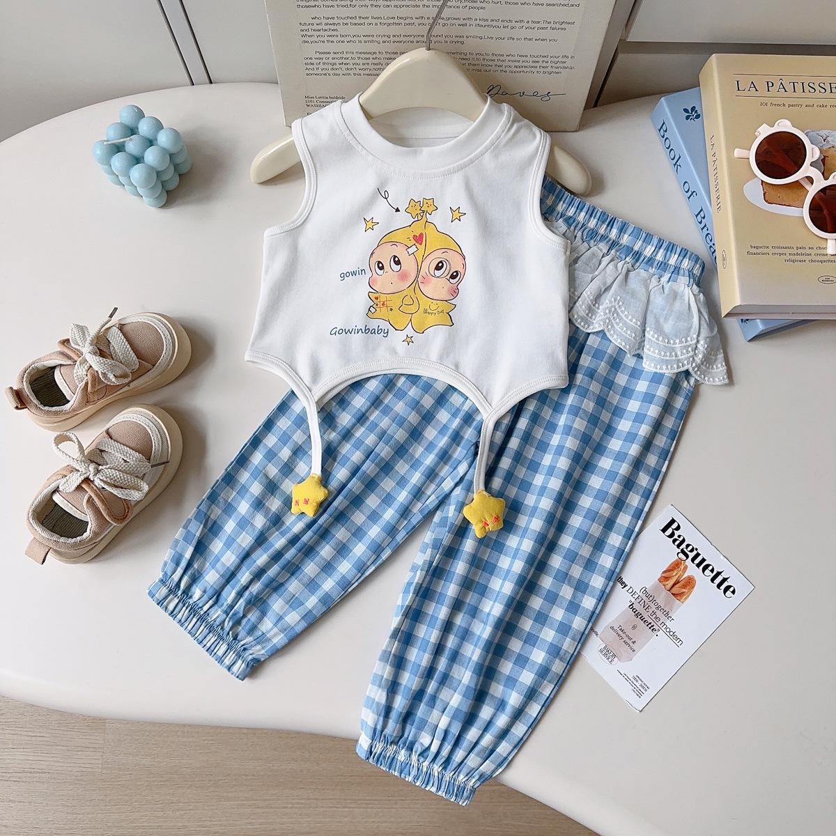 Girls  Korean Style Summer Cartoon Vest & Plaid Long Pants Two-Piece Set Size 130 синий/белый