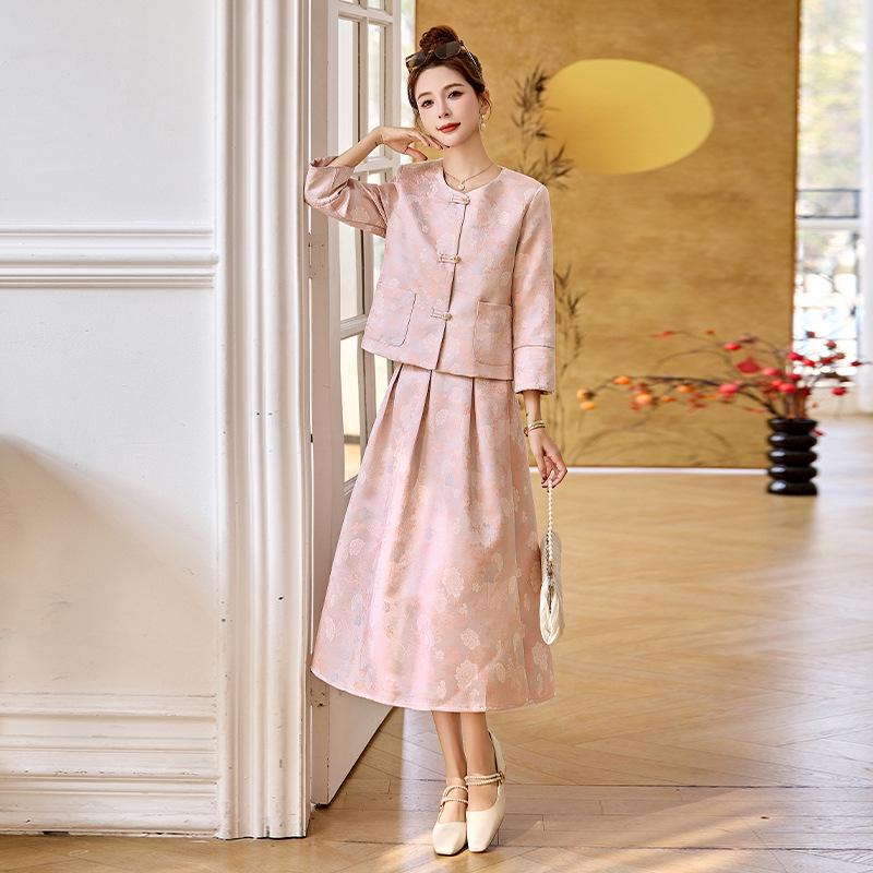 2025 Spring Chic Jacquard Frog Button Coat & Midi Skirt Set
