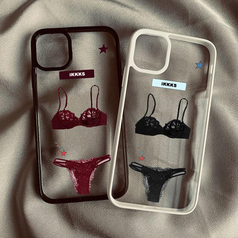 Fashion Sexy Black Lace Bra Pattern Phone Case For iPhone 16 17 Pro 15 14 13 12 11 XR XS Max 7 8Plus Underwear Clear Hard Cover