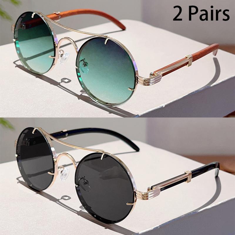 2 Pairs Vintage Round Sunglasses Men New Fashion Gradient Multicolor Casual Shades Women Luxury Design Double Bridge Sun Glasses