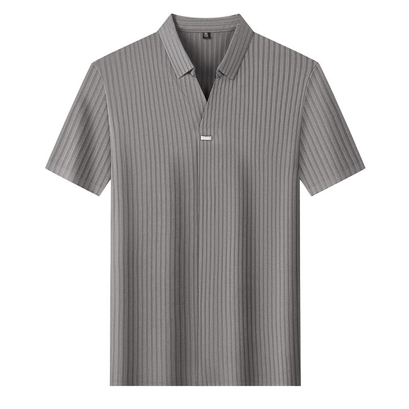 Traceless Ice Silk Short-Sleeved Polo Shirt Men'S High-End Cool Dark Striped Solid Color V-Neck T-Shirt Men'S Clothing