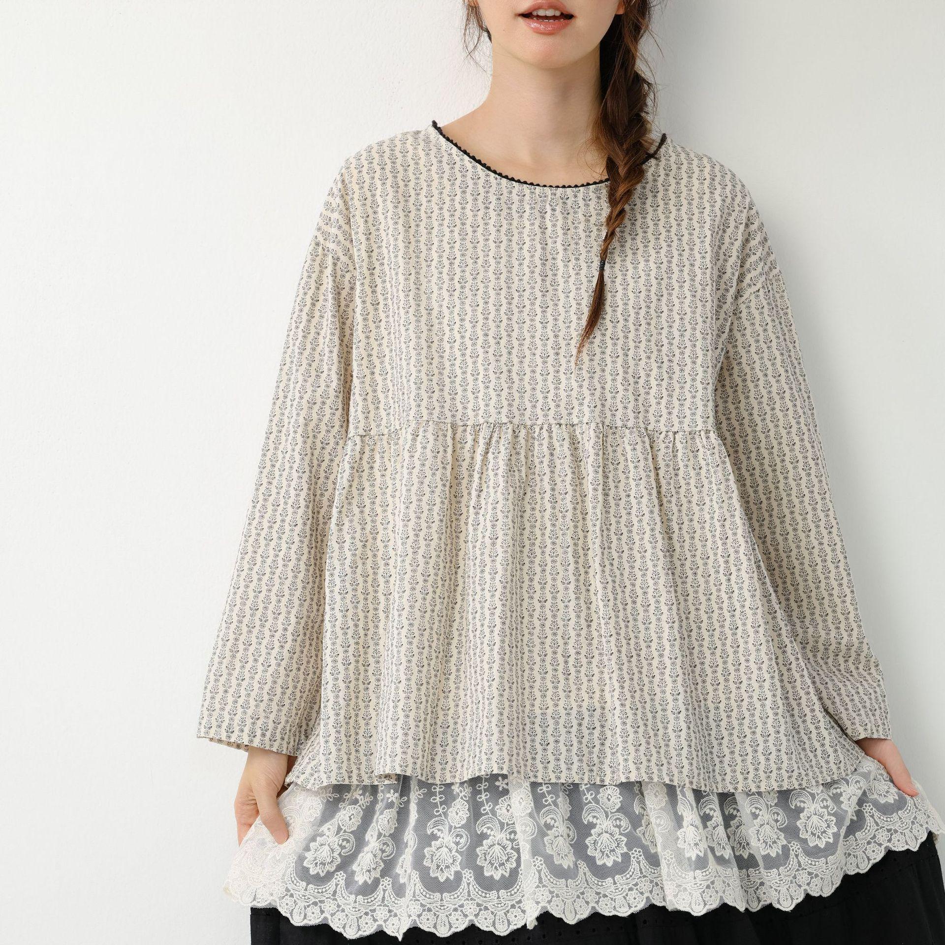 

2026 Spring Mori-kei Floral Long Sleeve Doll Shirt – Sweet, Loose, Versatile Round Neck Pullover for Women One Size чорний