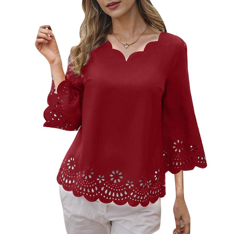 

ZANZEA Женская повседневная блузка с V-образным вырезом и рукавом 3/4, свободная ажурная вязка крючком вино красного