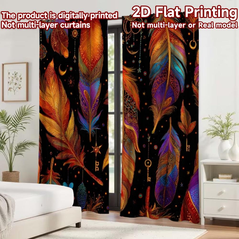 2D Flat Printing 2pcs Curtain Party Window Curtains Dreamcatcher and Colorful Feathers Digital Printed Polyester Drapes Seasonal