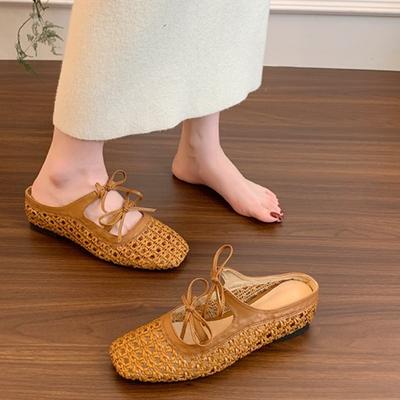 Fashion Fashion Inner Height Increase Baotou Half Slippers for Women  Summer Outside Wear New Hollow Sandals Bow Mary Jane Single Shoes