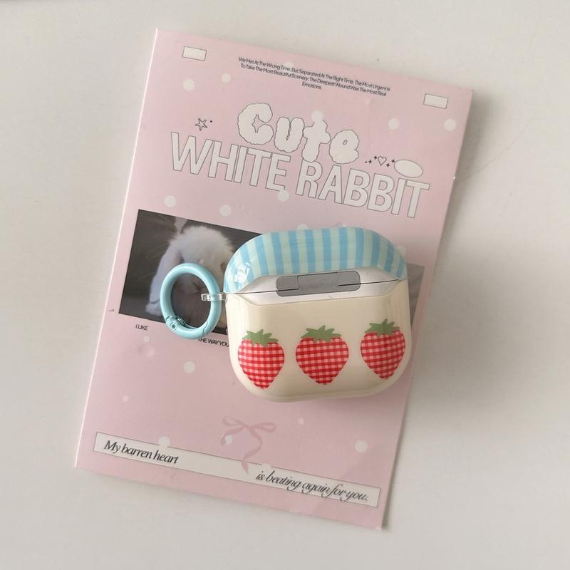 Blue Stripe Cute Plaid Pattern Three Strawberries With Charm Pendant Earphone Case Cover for AirPods 1 or 2 3 4 Pro 2 Pro 3