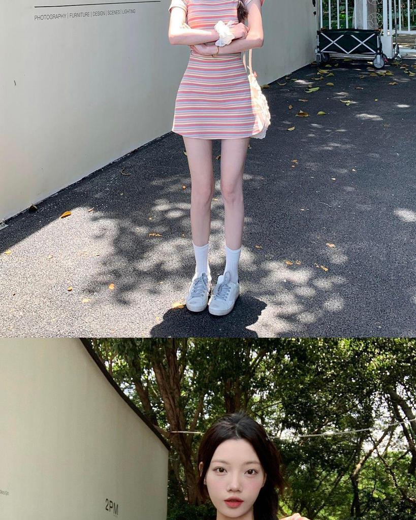 2026 Elegant Slimming French Rainbow Stripe Long Dress