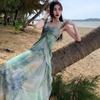 French Dopamine Print Suspender Temperament Dress Women's Summer Fairy Seaside Vacation Ruffled Floral Long Dress