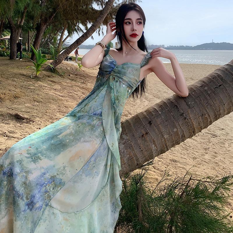 French Dopamine Print Suspender Temperament Dress Women's Summer Fairy Seaside Vacation Ruffled Floral Long Dress