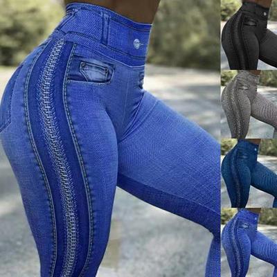 Ozdobné kapsy Skinny Imitace džínů Legíny Hip Lifting Zip Potisk Vysoký pas Elastické kalhoty pro sport