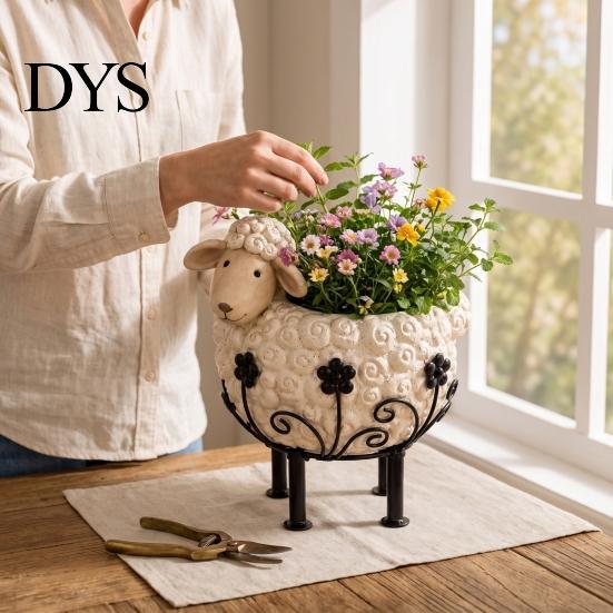 Cute Sheep Gift for Gardeners Farmhouse Planter Pot, Lamb Flower Pot with Metal Stand, Whimsical Animal Indoor Outdoor Greenery Holder Plant Container