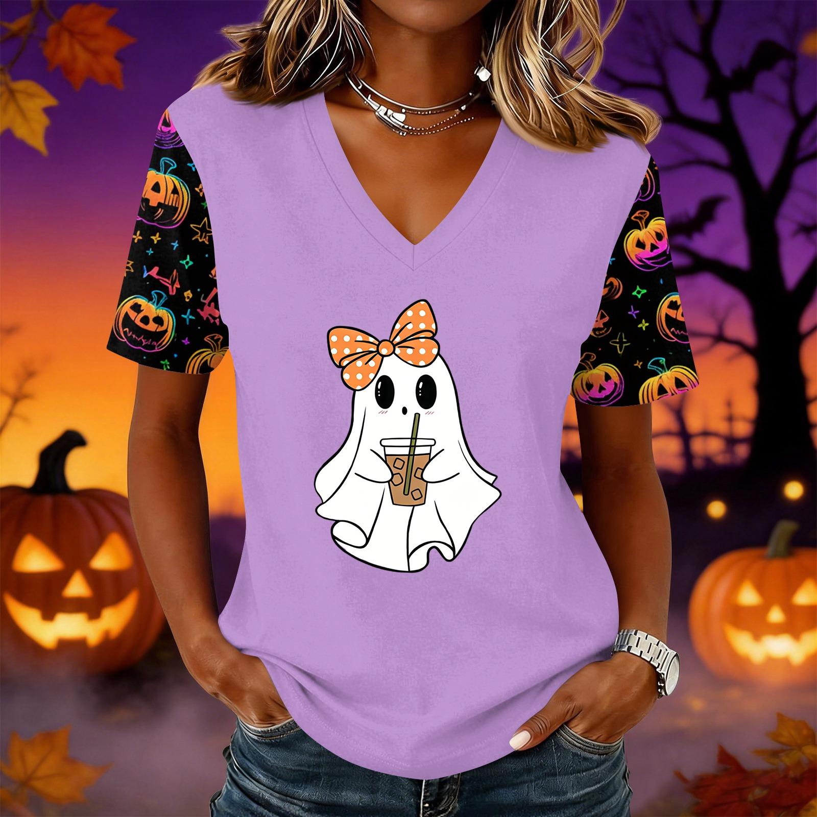 Women s Halloween Print V-Neck Short Sleeve Pullover Top for Casual Wear S
