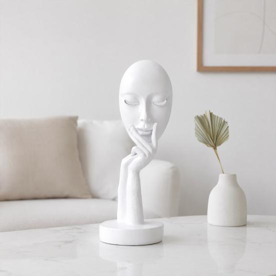 jijijing Abstract Contemplative Face Resin Sculpture, Minimalist Hand-on-Chin Bust Statue for Desk Living Room Office, Creative Art Decor Entryway