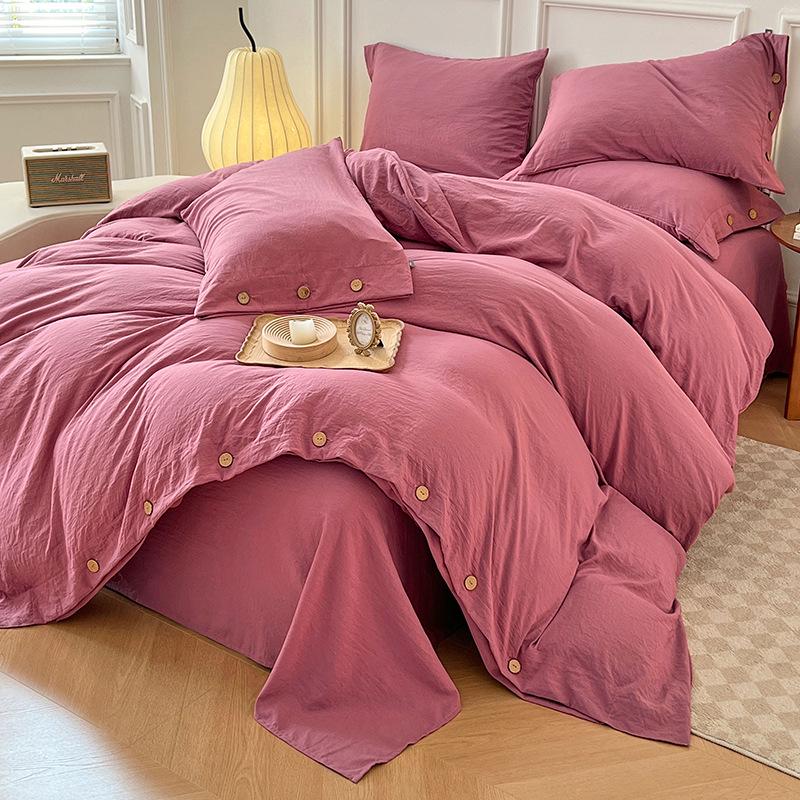 MUJI-Style Four-Piece Flannel & Washed Cotton Bedding Set with Buttoned Duvet Cover