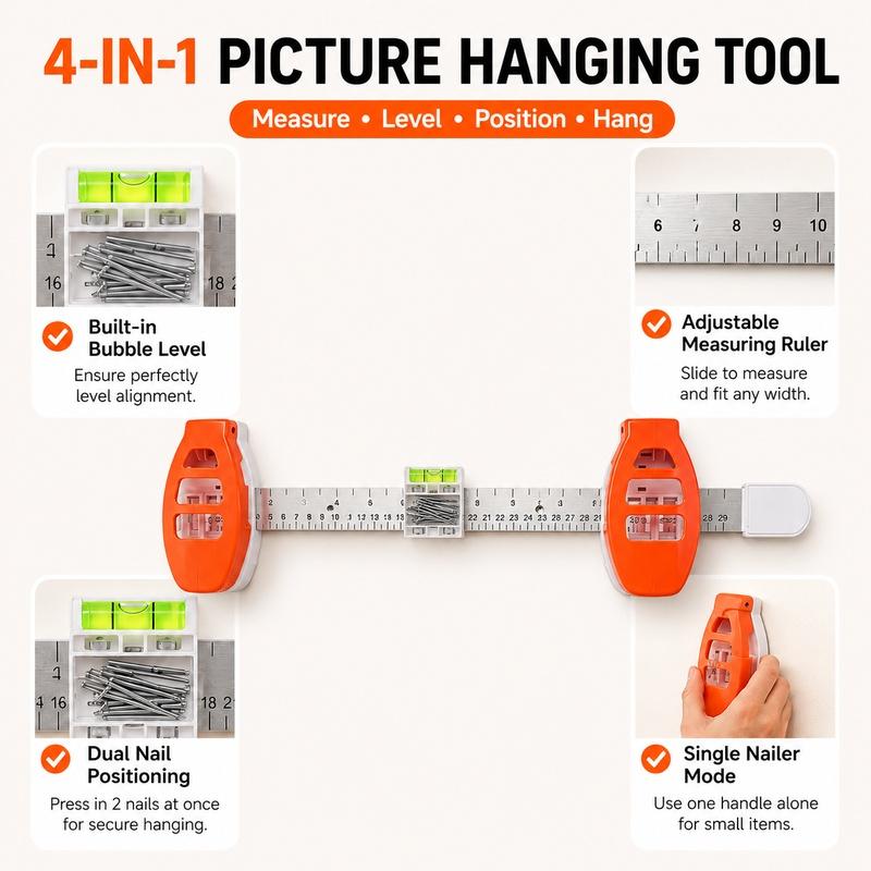 Picture Hanging Tool Level Ruler, Frame Hanger Nail Positioning Guide with Angle Measure for Wall Art Photos