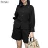 ZANZEA Women Long Sleeve Blouse and Shorts Casual Two Piece Suit Sets