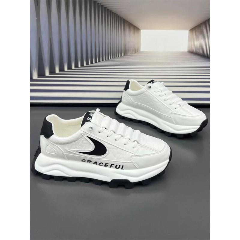 Mens Chunky Sneakers Leather Patchwork Thick Sole Platform Casual Running Shoes