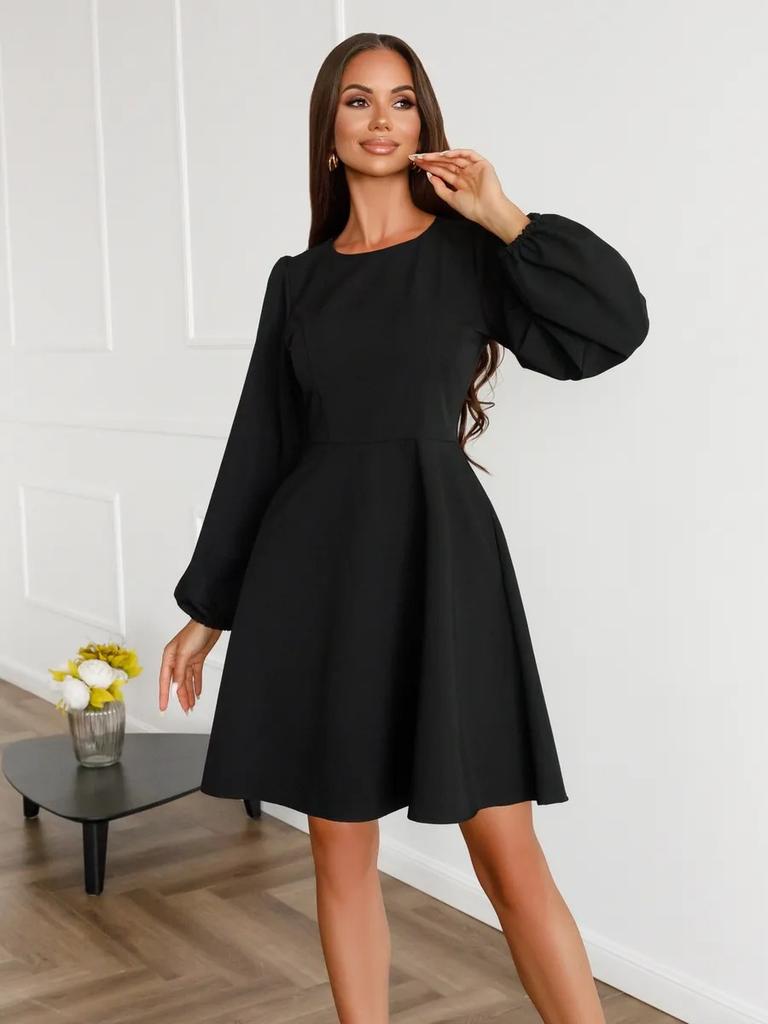 women's solid round neck puff long sleeve high waist a line mini dress with side pockets office casual swing gown