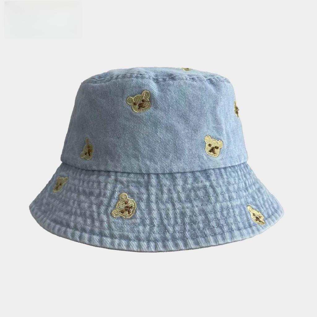 Popular Cute Embroidery Bear Summer Denim Bucket Hat For Women Outdoor Parents And Kids Breathable Sunshade Fisherman Cap Gift