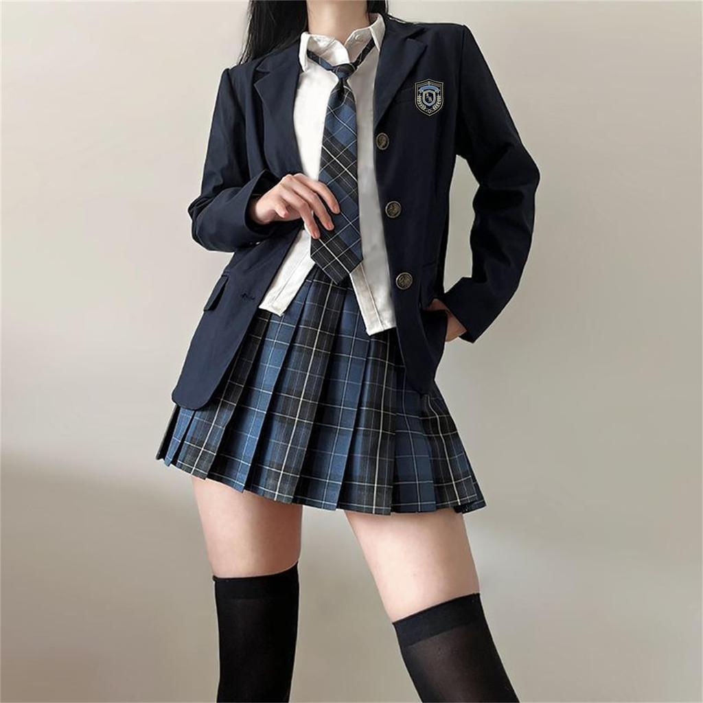 Sivrusn High School Girl Cosplay Uniform Checkered and Perfect for Graduations and Entrance Size 5-Piece Set Blazer, Skirt, Tie, Shirt, Badge.