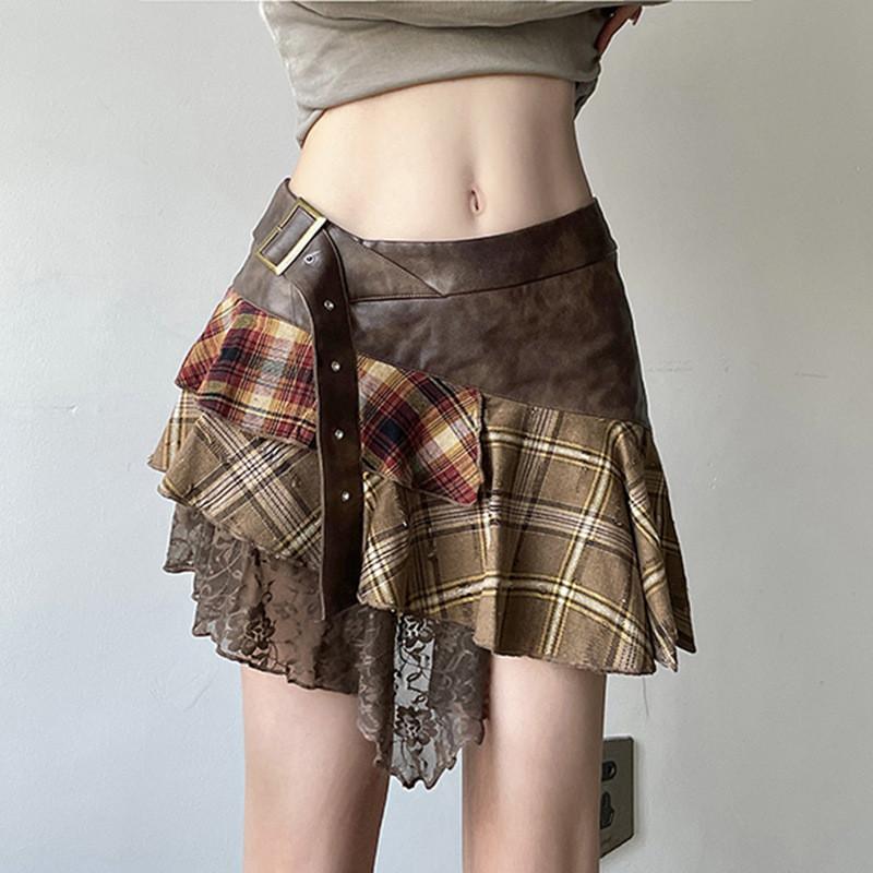 Street Style Punk Rock Womens Asymmetric Plaid Lace Midi Skirt For Summer Fashion