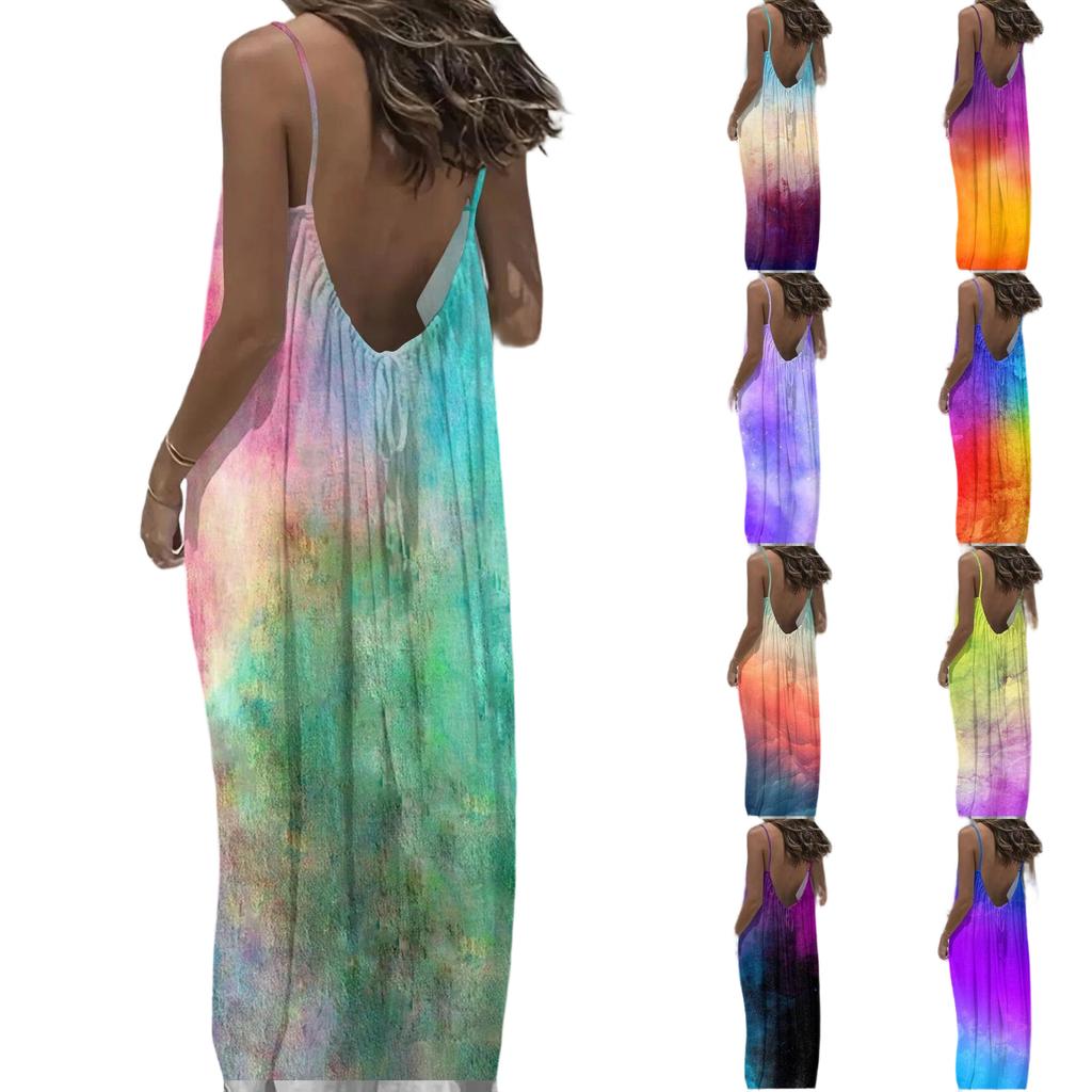 Dámské Módní Ležérní Volné Šaty s Květinovým Potiskem a Úzkými Ramínky Bez Zad