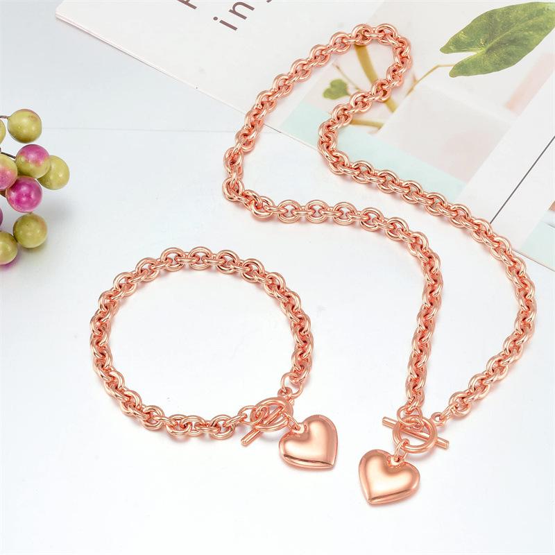 Simple and Trendy OT Snap-on Glossy Smooth Stainless Steel Heart Pendant Necklace and Bracelet for Both Men and Women